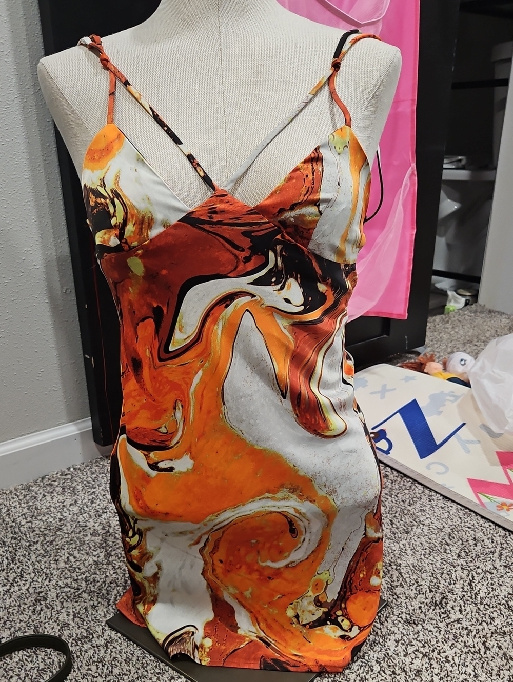 Urban Outfitters Orange, White & Black Marble-Print Mini Slip Dress